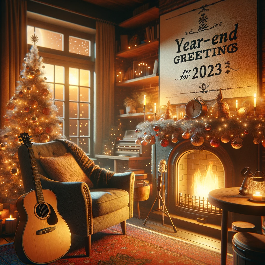 DALL·E-2023-12-31-19.31.55-A-warm-and-inviting-image-for-a-guitar-schools-blog-post-titled-Year-End-Greetings-for-2023.-The-image-features-a-cozy-room-with-a-fireplace-a-Chr