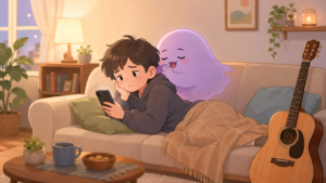 ソファでスマホを見ている人の背後にめんどくさいお化けがささやいているイラスト
